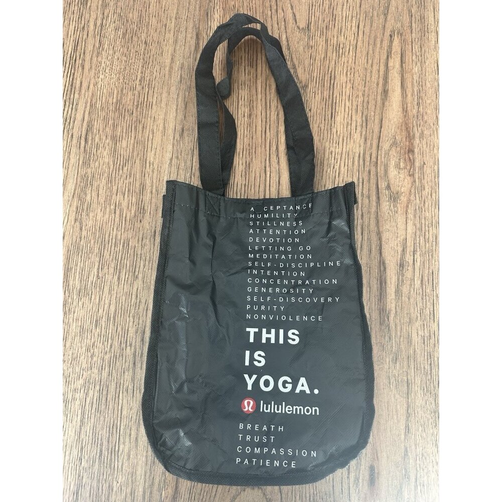 Lululemon Small Tote Reusable Shopping Gift Bag Black This Is Yoga Logo 11”x9”